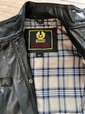 Belstaff Black Leather Belted Women’s Jacket with Plaid Lining